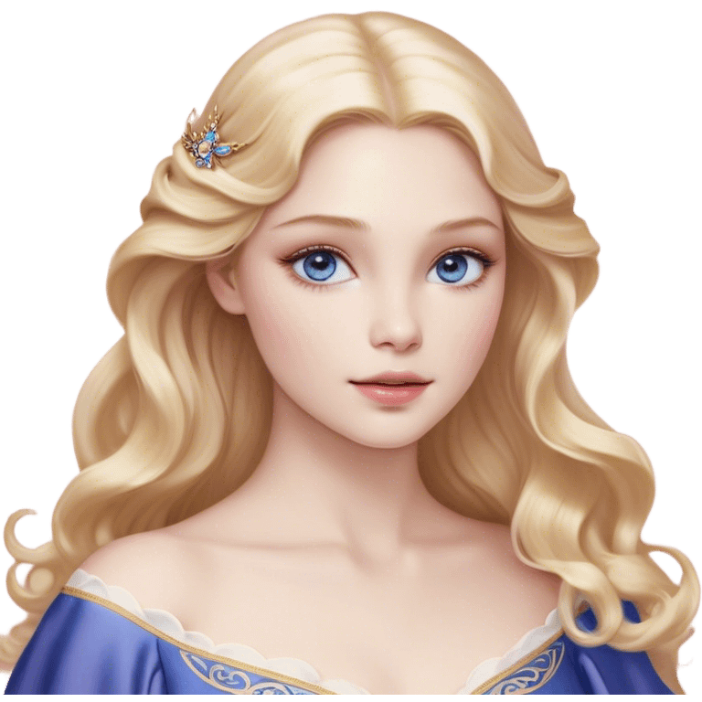 Cinematic Realistic Sleeping Beauty (Aurora) Portrait, with porcelain-like skin featuring a natural rosy flush, illuminated by soft lighting that highlights the gentle contours of her face. Her golden blonde hair flows in soft, detailed waves with subtle highlights that shimmer in the light. Her deep violet-blue eyes radiate warmth and innocence, framed by arched brows and long lashes. With a soft, serene smile, she holds a delicate rose gently in one hand, her other hand resting lightly by her side. She is dressed in her classic pink gown, the fabric rich in texture with delicate folds that catch the light. A golden crown rests atop her head, gleaming with royal refinement. The portrait captures a soft, glowing aura, blending realism with an ethereal sense of beauty and timeless enchantment. emoji