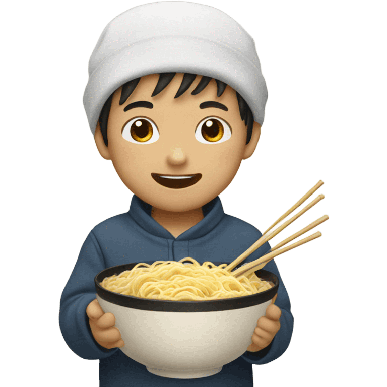 Little Asian boy eating noodles emoji