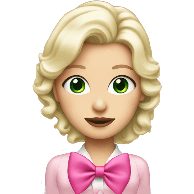 platinum blonde lady with green eyes drinking pink Stanley wearing a pink bow emoji