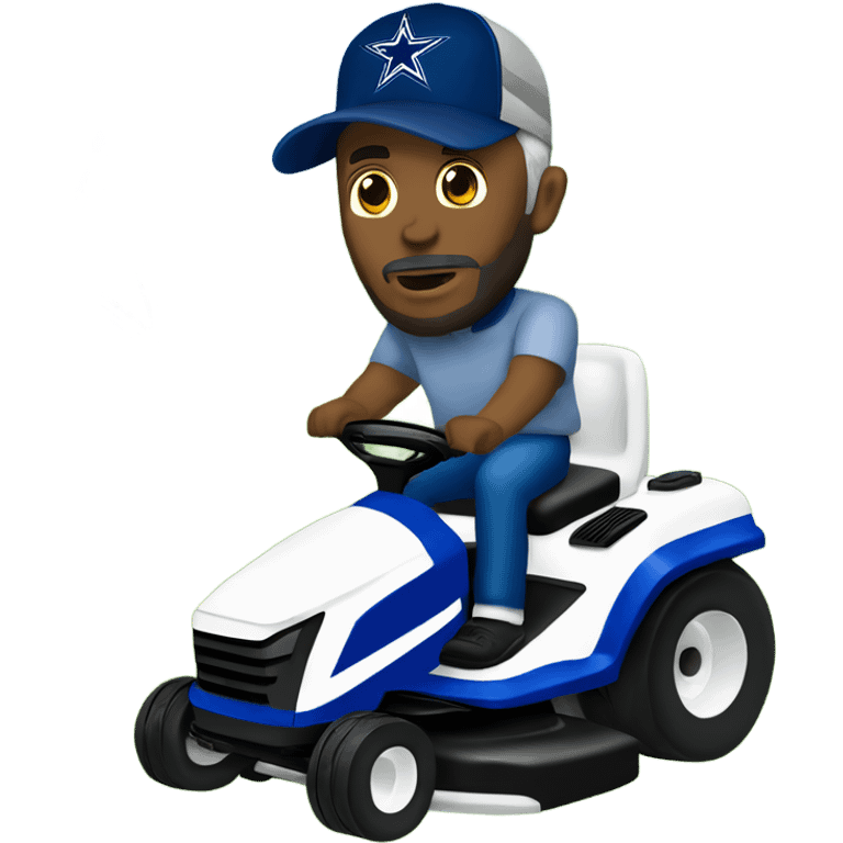 Bigger white man with short grey beard and blue Dallas cowboys hat riding lawn mower  emoji