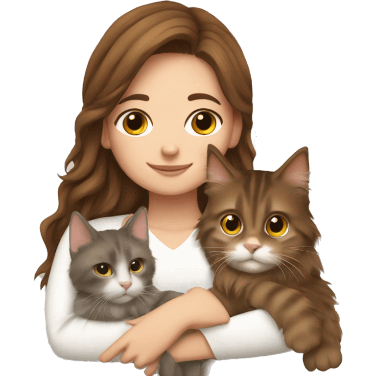 Girl with brown hair cuddling Maine coon cat emoji