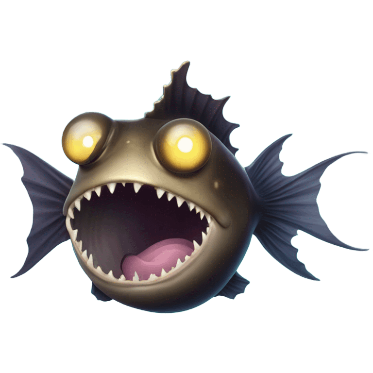 Anglerfish with a glowing lure hanging from its forehead, sharp teeth, and big eyes. emoji