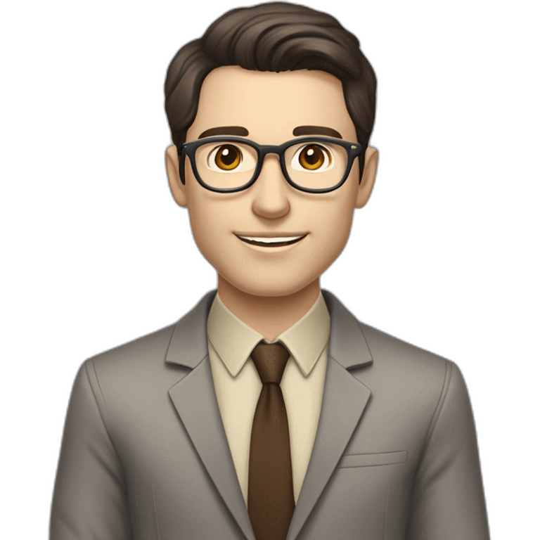 Pale skinned fit man with dark brown hair in gray jacket, beige office shirt, brown tie, brown pants and vintage glasses Writing on the flipchart emoji