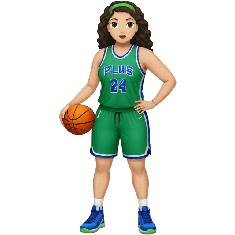 full body plus size light skin latino women basketball player with wavy dark hair large wide nose wearing blue with green uniform emoji