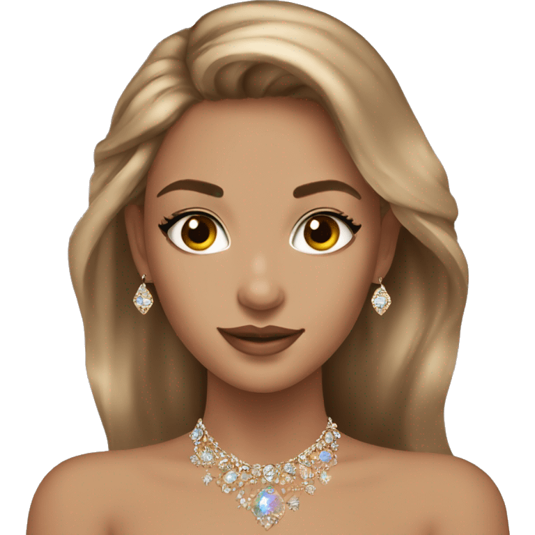 Beautiful model with light brown hair and jewellery on and sparkly top  emoji