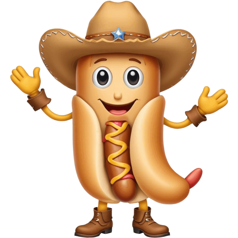 Hot dog with a face and arms and legs and a cowboy hat emoji