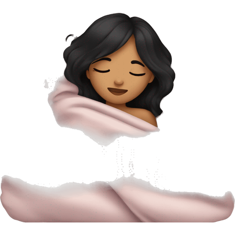 An emoji girl with black hair sleeping with a blanket on her emoji