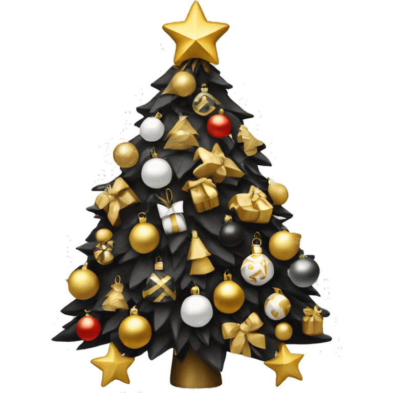 Christmas tree decorated with toys in black, white and gold colors emoji