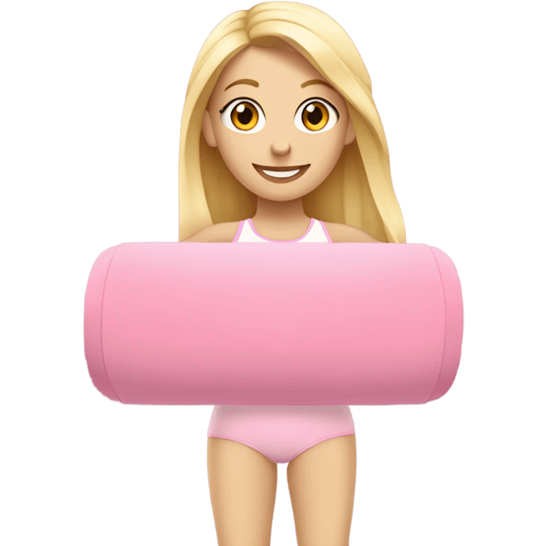 A blonde white girl in a light pink fitness suit with a full-length fitness mat emoji