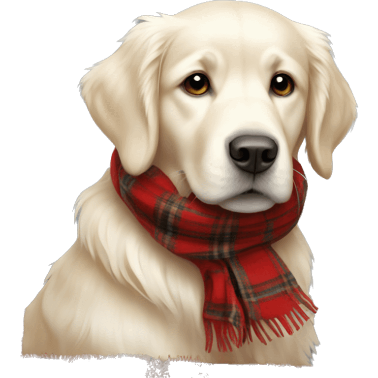 White golden retriever wearing a red plaid scarf emoji