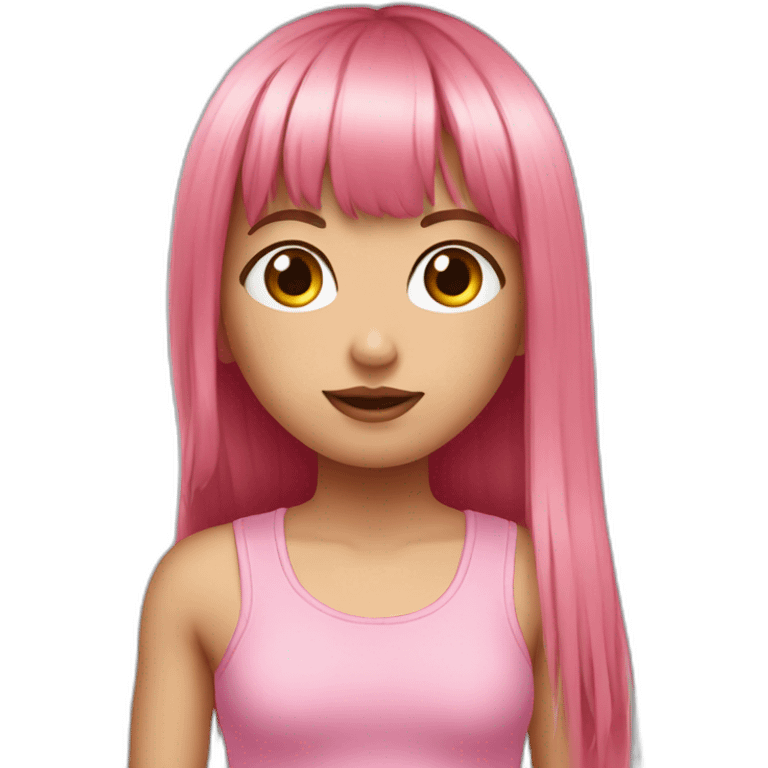 cute girl with long, straight rose hair with fringe and holding camera and wearing pink tank top emoji