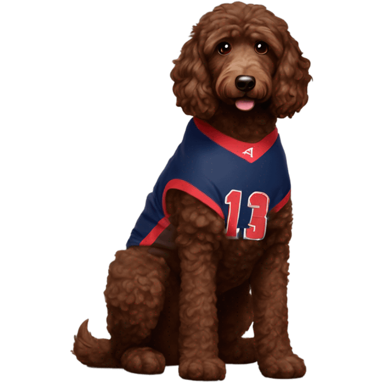 Chocolate brown Aussie doodle wearing a University of Arizona basketball jersey emoji