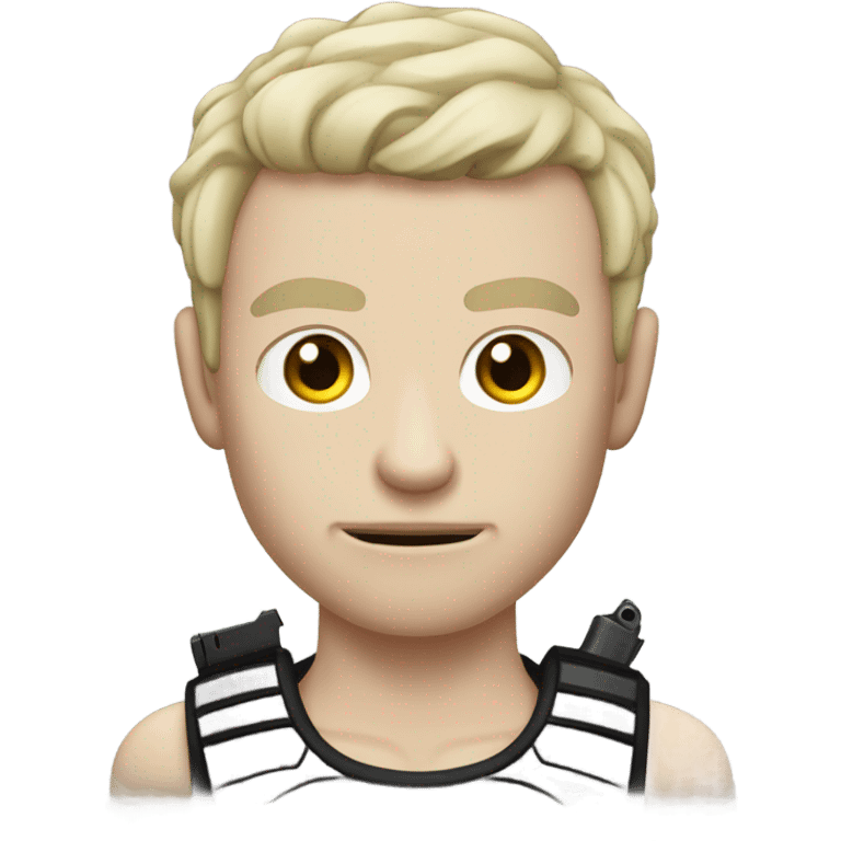 Pale skinned man with tattoos on his face holding a gun emoji