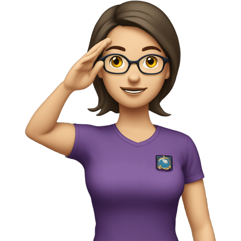 a caucasian brunette female, wearing a purple t-shirt and glasses, making the military salute gesture with her hand next to her head emoji