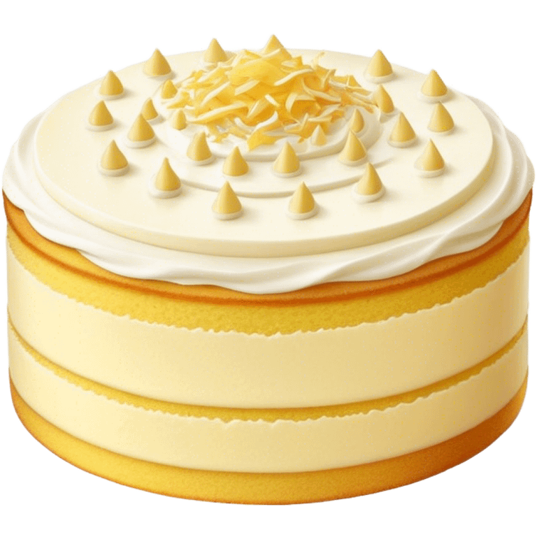 Cinematic Realistic Simple Vanilla Cake, a perfectly baked golden sponge with soft, airy layers, delicate vanilla frosting smoothly spread across the top, tiny flecks of vanilla bean visible, warm golden lighting creating depth, glowing with a sweet, irresistible charm. emoji