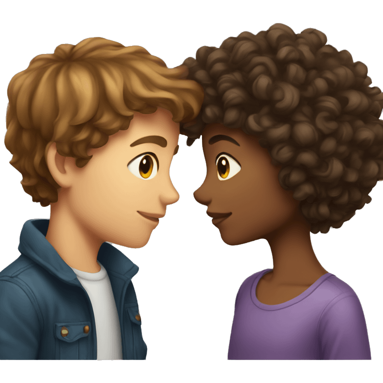 girl with brown long hair kissing a boy with short curly brown hair emoji