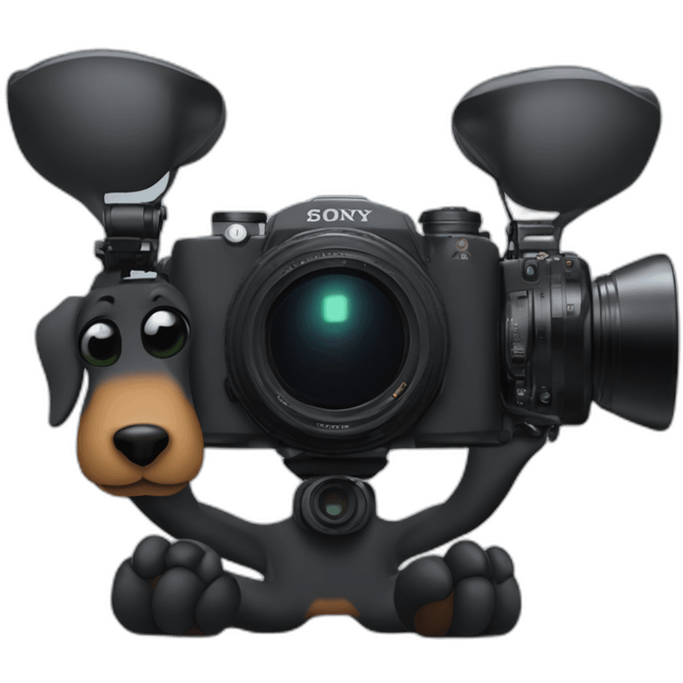 a black dachshund dog holds a camera SONY in its paws medium plan emoji