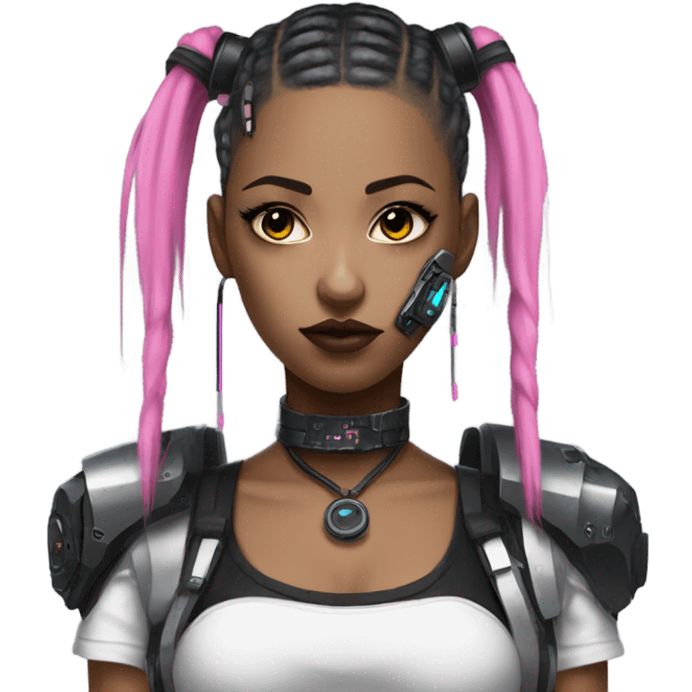 cyberpunk girl, pink twintails, black collar, black crop top, cyborg emoji