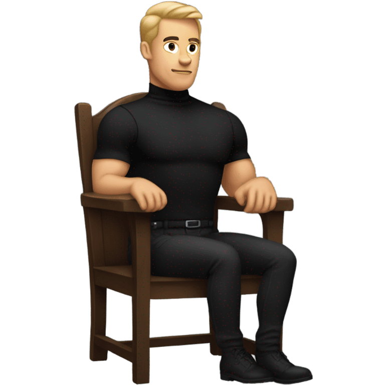 muscle man in black turtleneck shirt and black pants sitting in chair emoji