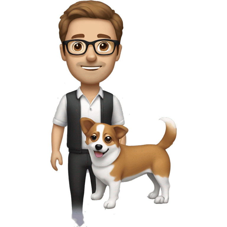 man with brown hair holding a corgi with glasses emoji