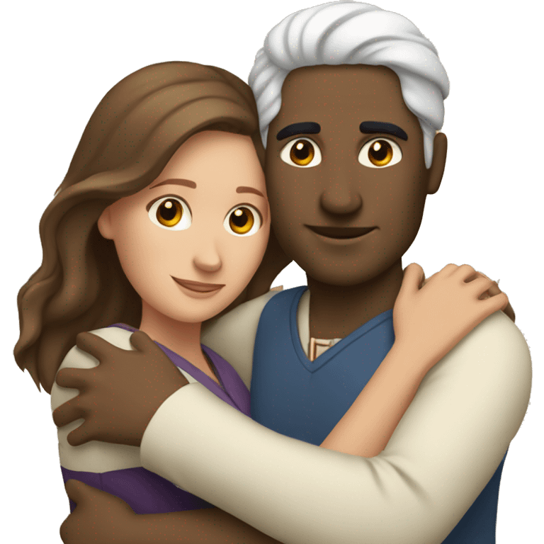 Couple hug, white woman and Indian man emoji