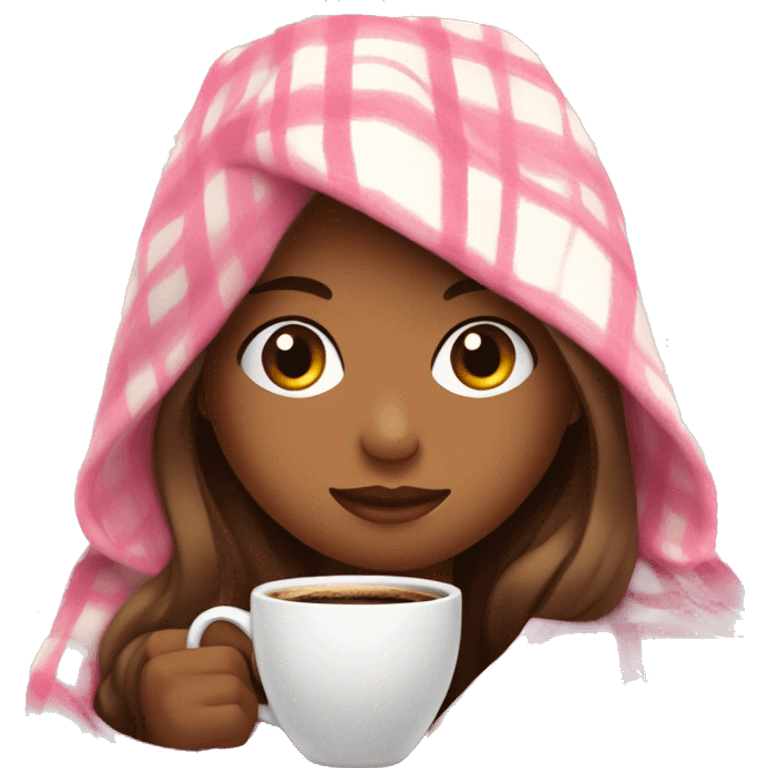 Girl wrapped up in a white pink plaid blanket with coffee  emoji