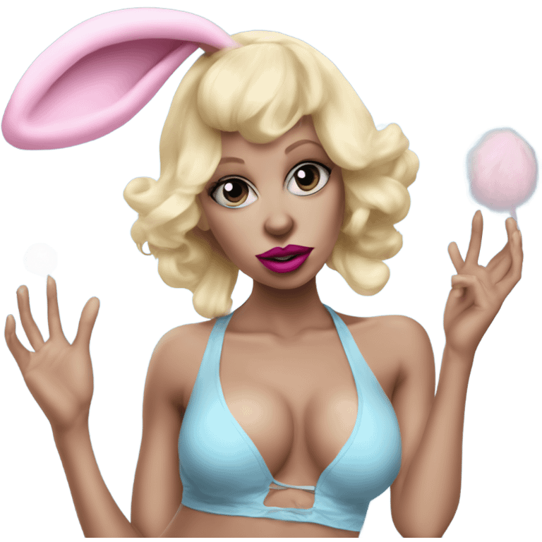 Creepy Blonde Go-go dancer -light blue face- Enid Sinclair wearing ,big floppy bunny ears pink lips  emoji