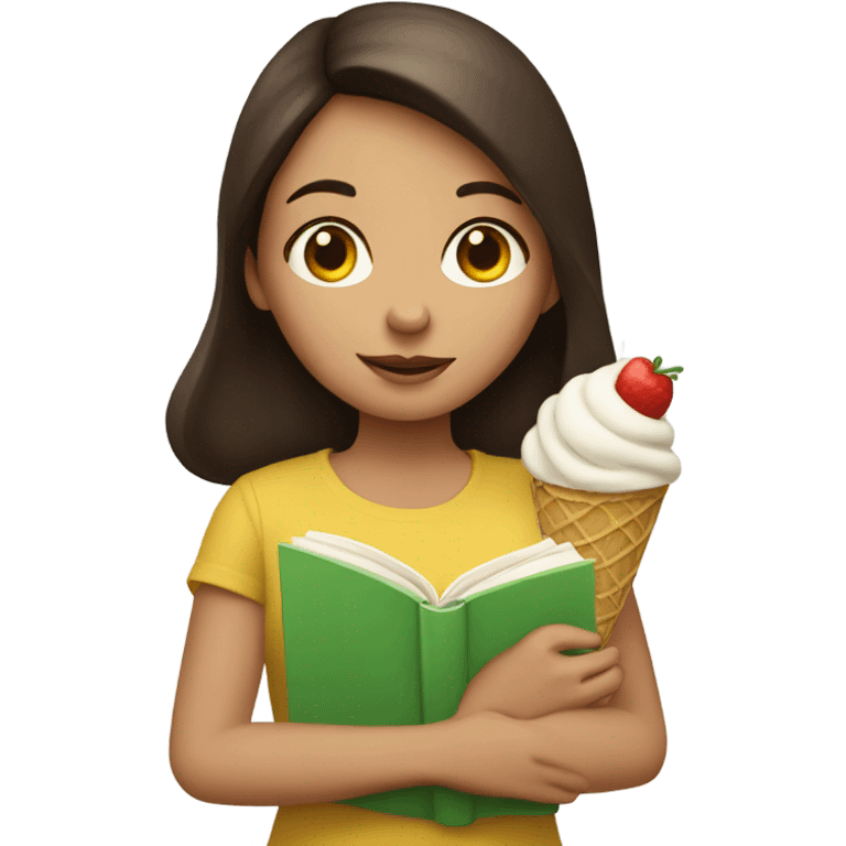 brunette girl eating icecream and reading a book emoji