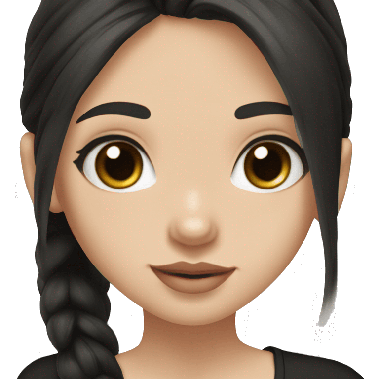 Slavic girl, light skin, long eye lashes, pink beige lips, brown eyes, long black straight hair , black T-shirt, chibi, smiling. emoji