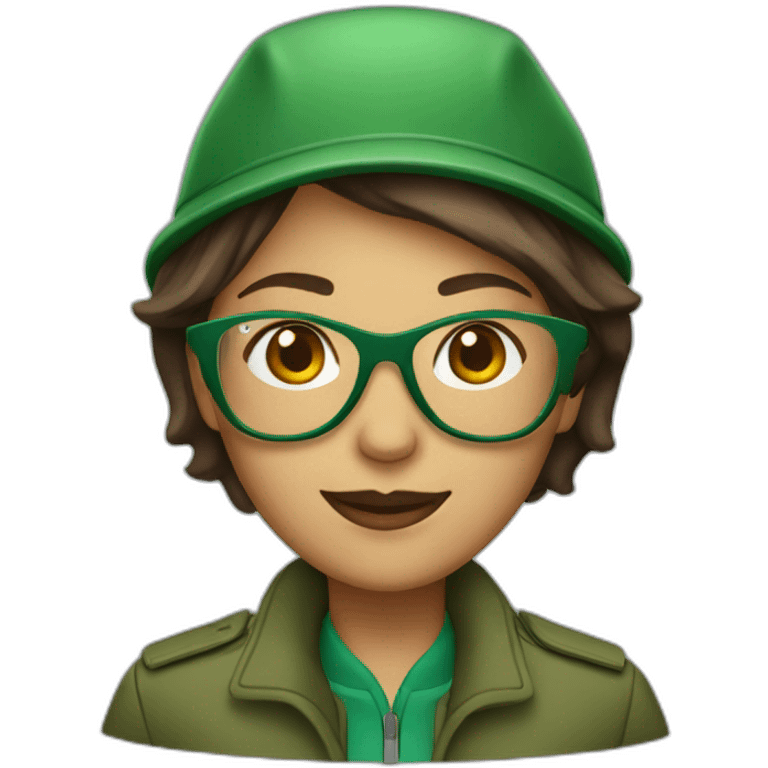 Brown short-haired woman with green jacket, sunglasses and head hat smiling emoji