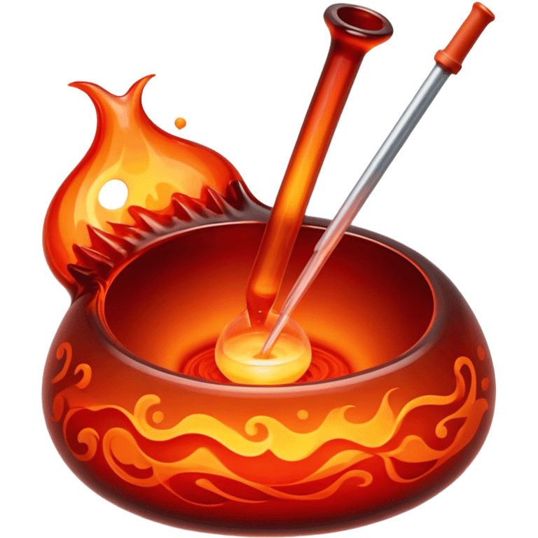 Glassblowing and casting icon, molten glass being shaped with blowpipe, glass piece in the mold, glowing red-hot surface, intricate patterns forming, minimalistic style, clean lines, transparent background. emoji