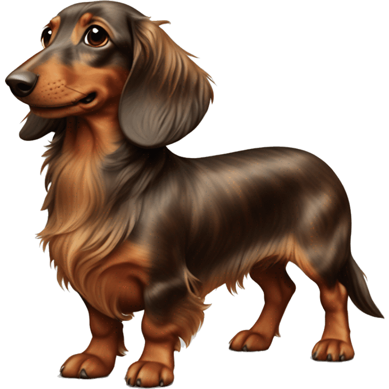 cheerful long-haired brown marble dachshund in full height on the side emoji