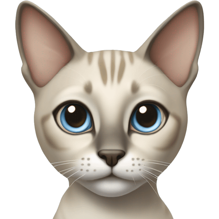 Thai breed adult cat with a light cream-brown body, dark gray nose and face, ears, and paws. sharp ears, and striking light blue eyes  emoji