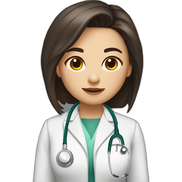 female doctor with mid dark brown length hair and very dark brown eyes crouching emoji