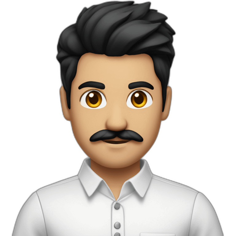 close up of white skin indian in plain white shirt with sleeve up and quiff black hair style and mustach emoji