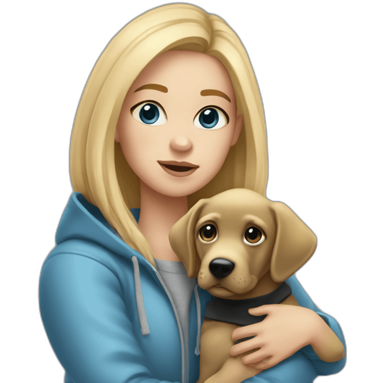 A blonde girl  with blues eyes, with smooth hair and a ray,she has light skin a few freckles, and she wear a hoodies and she Carries in his arms a black baby labrador dog  emoji