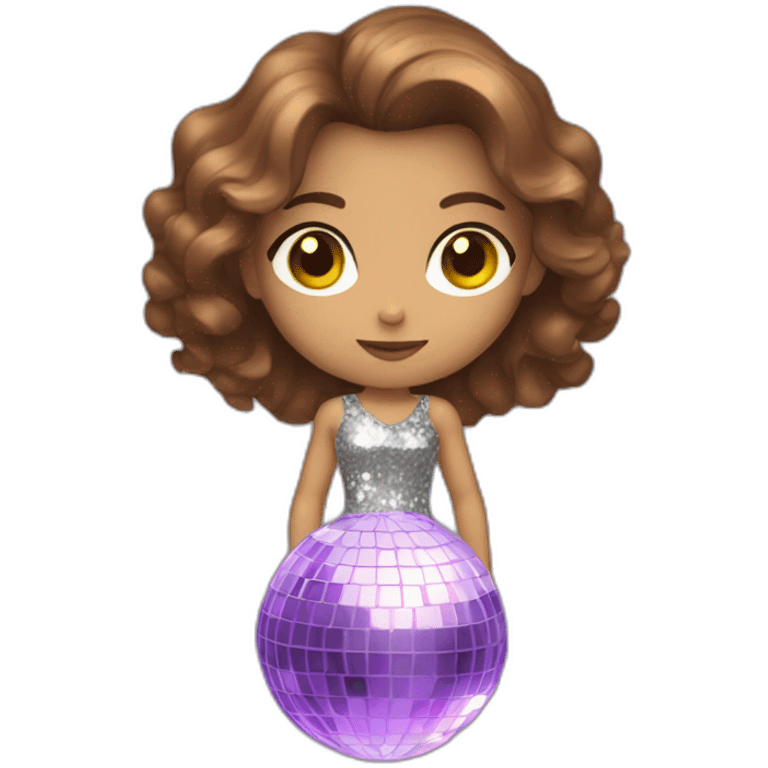 female with brown wavy hair dressed in a party dress and disco ball emoji