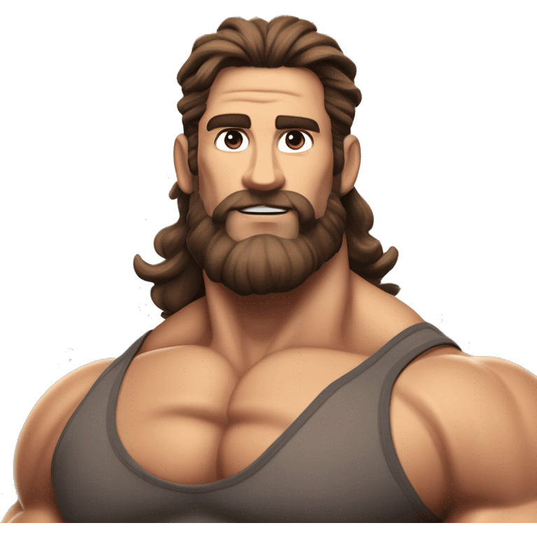 muscled hairy bodybuilder brown hair beard,enormous pecs and enormous biceps, long wavy hair in a man bun, with dark brown eyes, and tanned skin, full body from head to toes picture, flexin both biceps, hairy body, wearing, bodybuilding posing swimsuit emoji