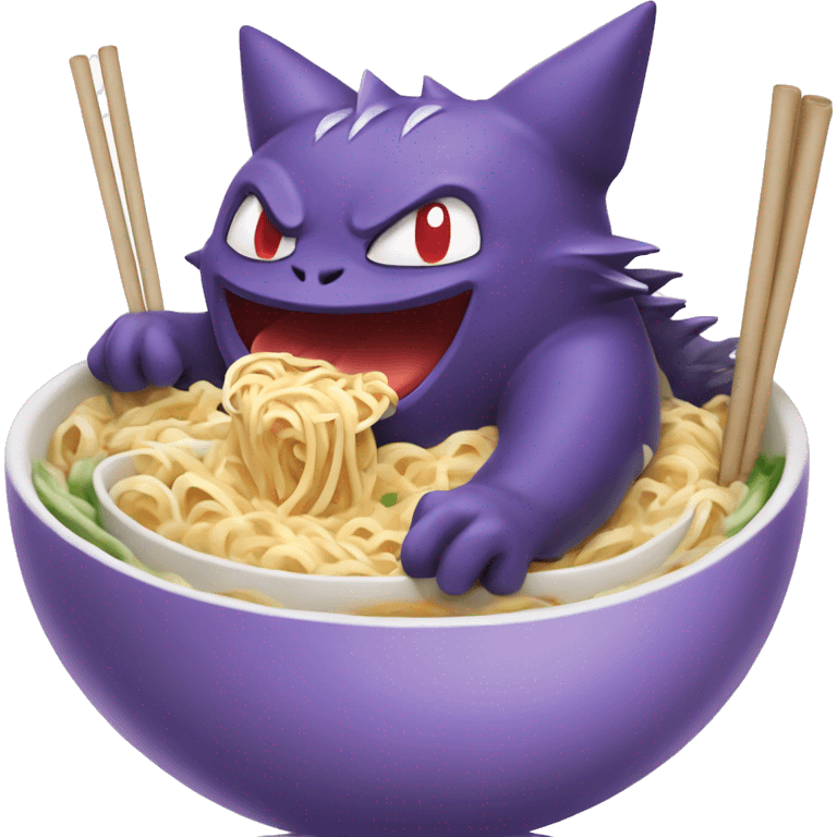 iOS emoji art style, Pokémon character Gengar eating ramen noodles while floating  emoji