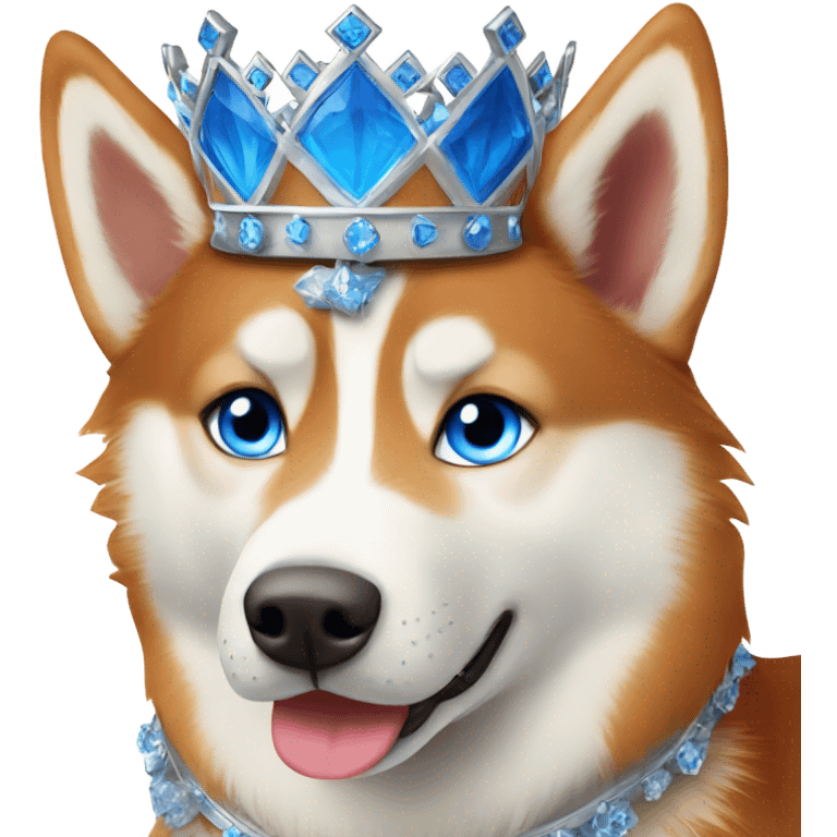 red siberian husky with blue eyes wearing a crown emoji