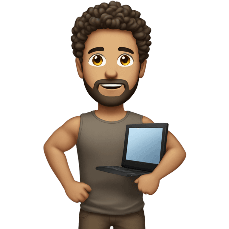 tall men carrying a computer in his hands. light brown skin men with curly dark brown hair, brown eyes, little grown beard. imposing, bit muscular build. dressed casual. emoji