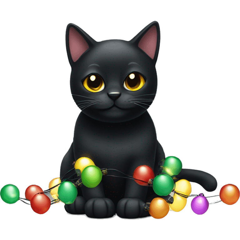 Black cat wearing Christmas lights emoji