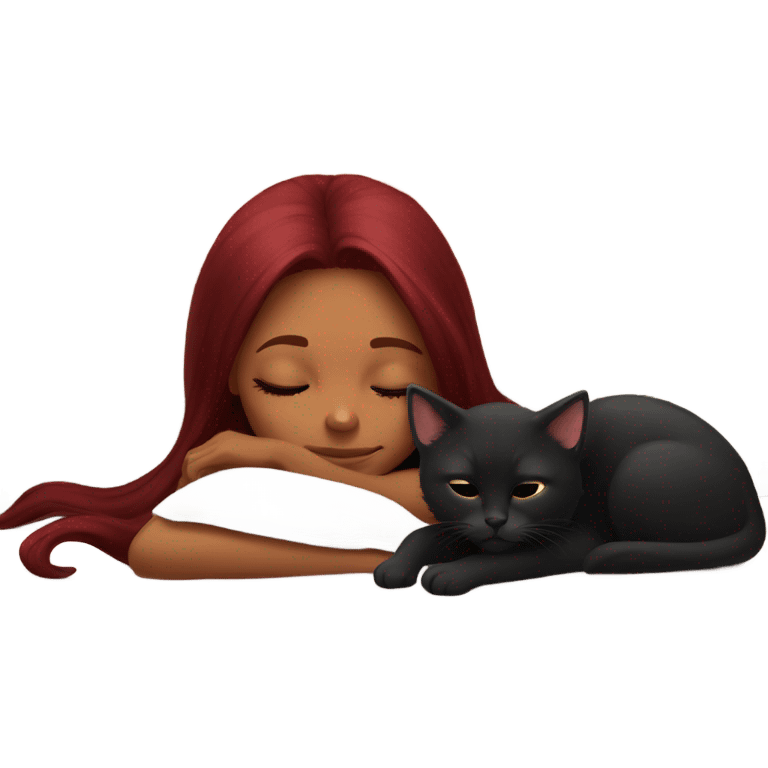 tanned girl long burgundy hair sleeping with black kitty emoji