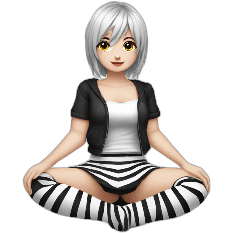 Frontal view curvy emo girl sits white skirt striped stockings hands up emoji