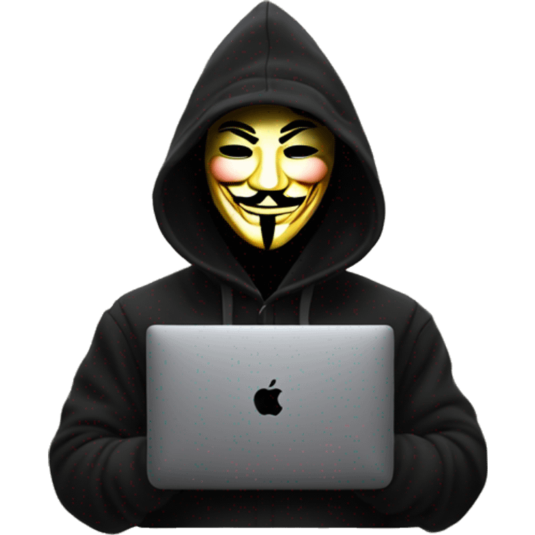 guy fawkes mask black hoodie typing on macbook emoji