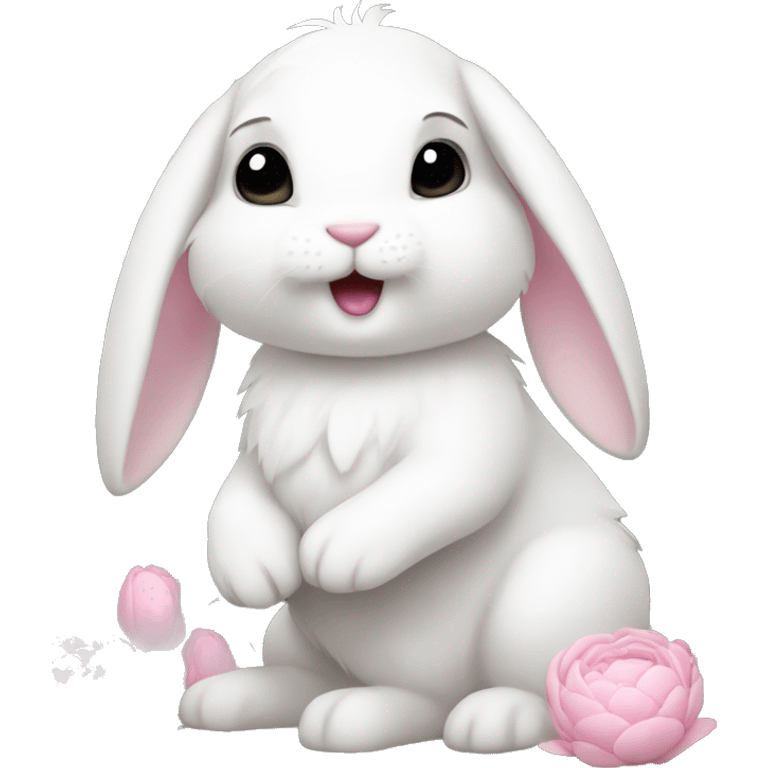 cute white bunny holding light pink peonies emoji