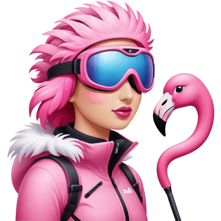 A female skiing flamingo on the slope wearing ski goggles emoji