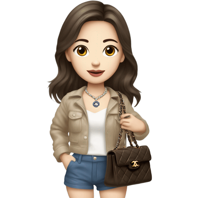 Realistic brown hair blue eyes Chanel Asian Girl with Birkin bag and Chanel necklace emoji