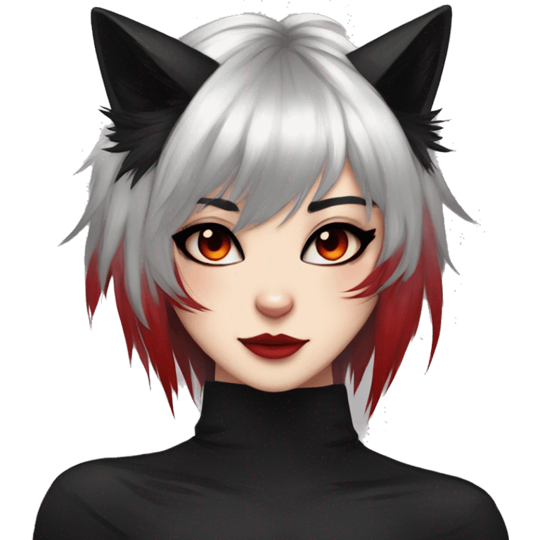 Anthro Edgy Cool Beautiful Black Cat-Fursona with Emo Hair-bangs with Red Streaks emoji