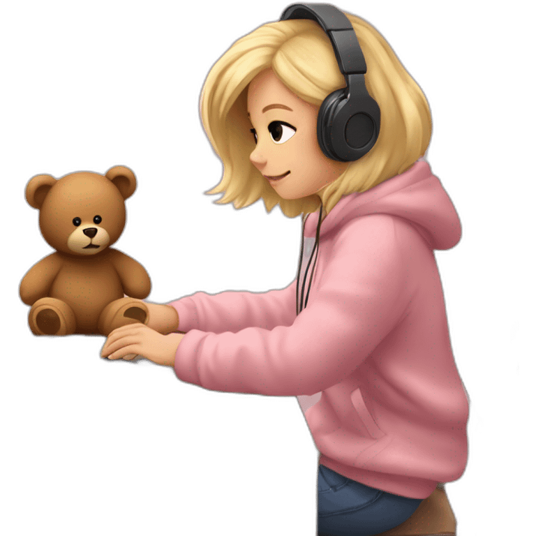 Lo-fi girl studing; headphones, brown teddy bear jumper, blonde hair; sitting at the desk with her macbook and typing on a pink keyboard emoji